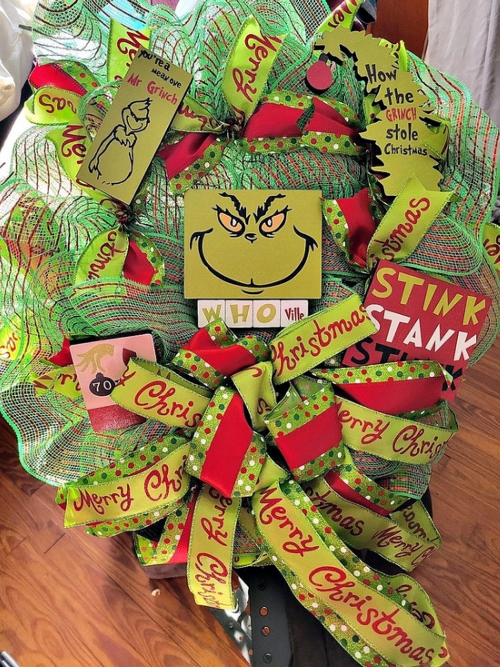 Christmas Grinch Wreath in Green & Red Like New